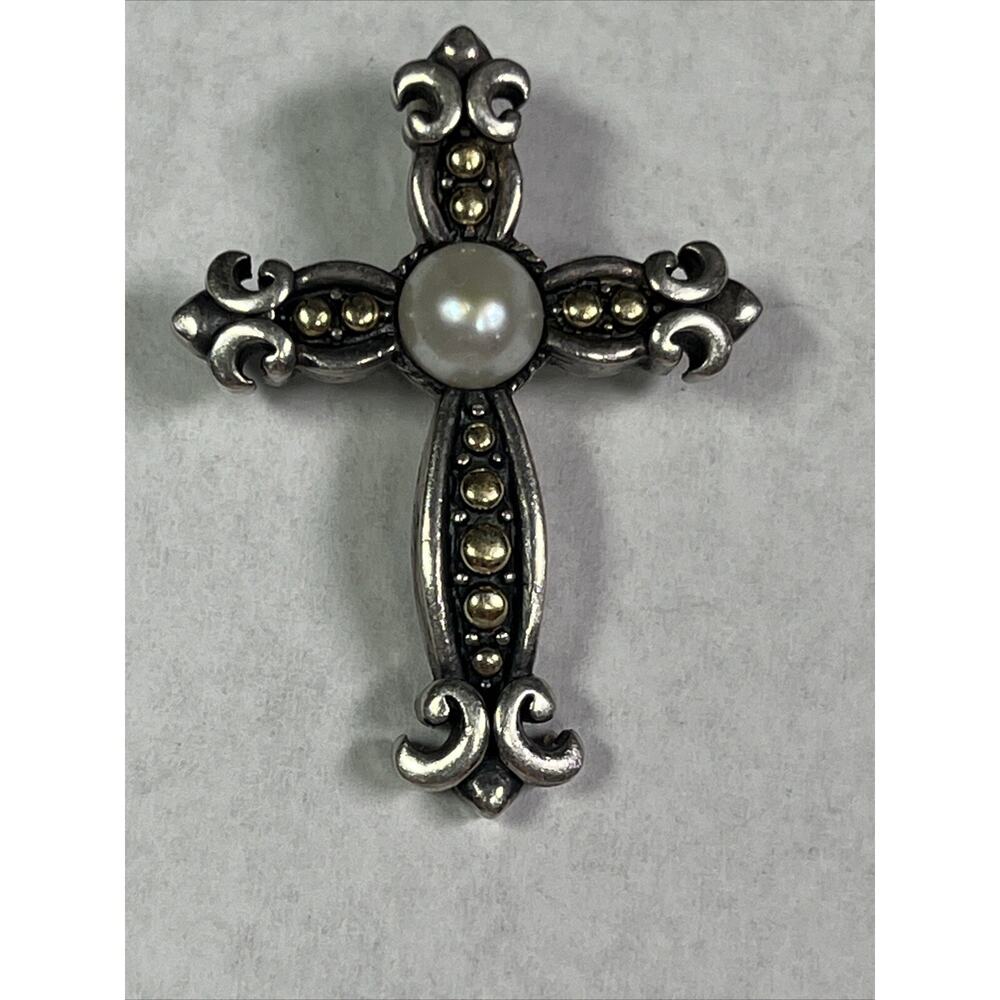 EFFY 18k And Sterling Silver Cross Crucifix Pendant Faux Pearl No Necklace RARE - Picture 6 of 12
